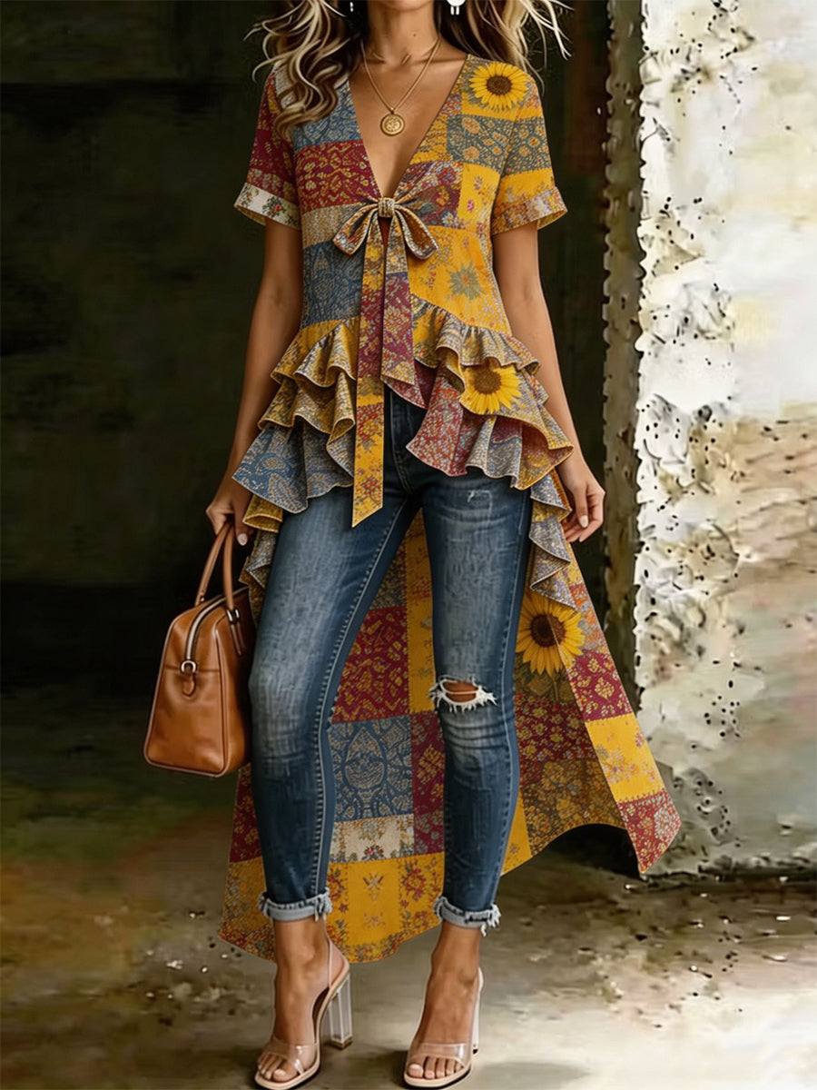 Retro Style Art Printed V-Neck Vintage Casual Irregular Short-Sleeved Top